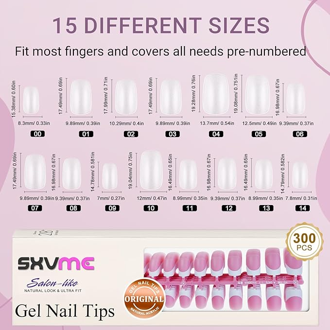 Gel French Tip Nails Medium Square Press on Nails White Tips 300Pcs Pre-applied Primer Natural Pink Fake Nails Extensions Kit for Women Girls DIY