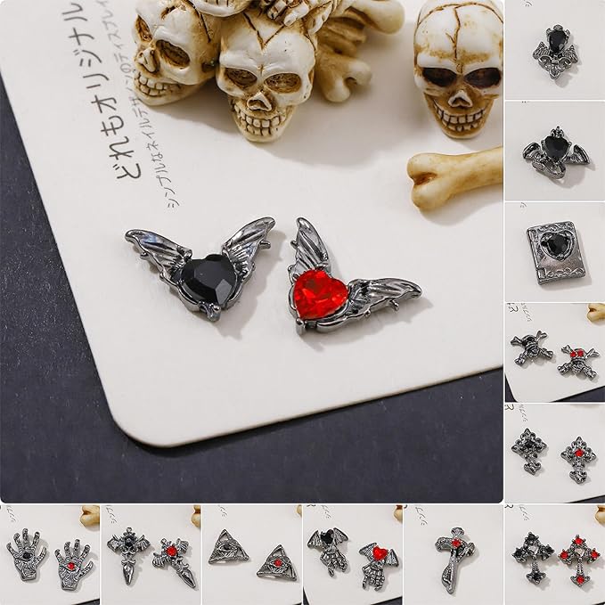 Halloween Nail Charms,60pcs Skeleton Skull Hand Cross Nail Gems with Rhinestones,Retro Gothic Metal Alloy Nail Art Jewelry Decoration for DIY Halloween Nail Design Crafts