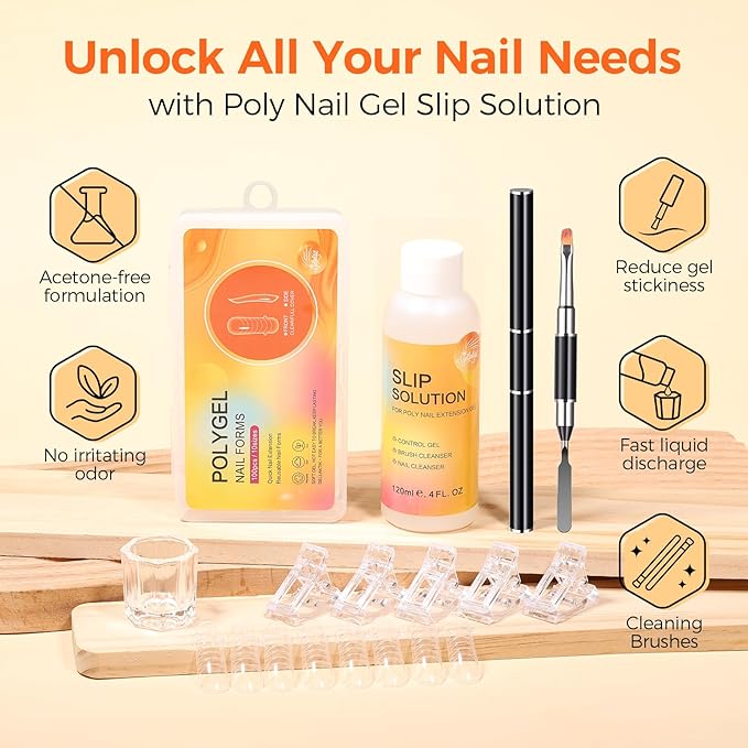 100Pcs Nail Forms Kit, 10 Sizes Reusable Dual nail Forms for Poly Gel & Builder Gel, 120ml Slip Solution Liquid, 6 Clips, Dual-Ended Brush, Nail Art Cup, DIY Pedicure Kit for Beginners