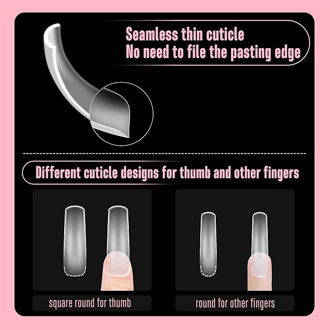 NOVO OVO Halloween Curved Nail Tips Press on Full Cover, Extra Curve Square Gel x Thick Long XL XXL Acrylic Fake Nails Extension kit, Clear Pre-etched French False Nail 12 Sizes 240pc QUEEN SQUARE PRO