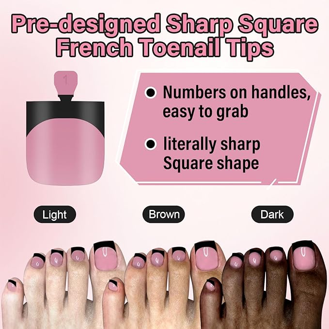 Black French Tip Toe Nail Tips Press on, EBANKU Berry Pink Sharp Square Pre-Designed Soft Gel False Toenail Extension with Nail Glue& Nail Remover, 15 Sizes 150 pcs