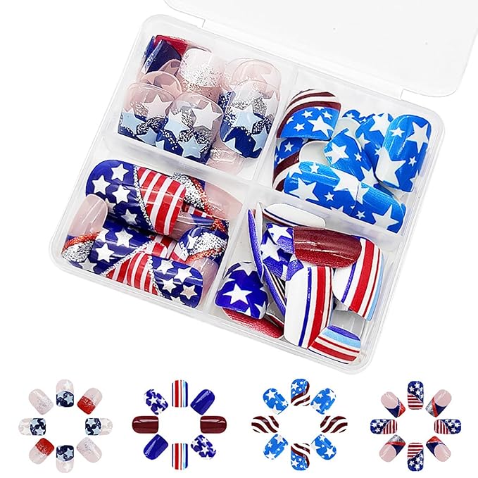 96Pcs Independence Day Press on Nails Short Square Fake Nails with Gold Glitter Design Red and Blue Color Scheme False Nails America Flag Stick on Nails for Women 4th of July Manicure Art