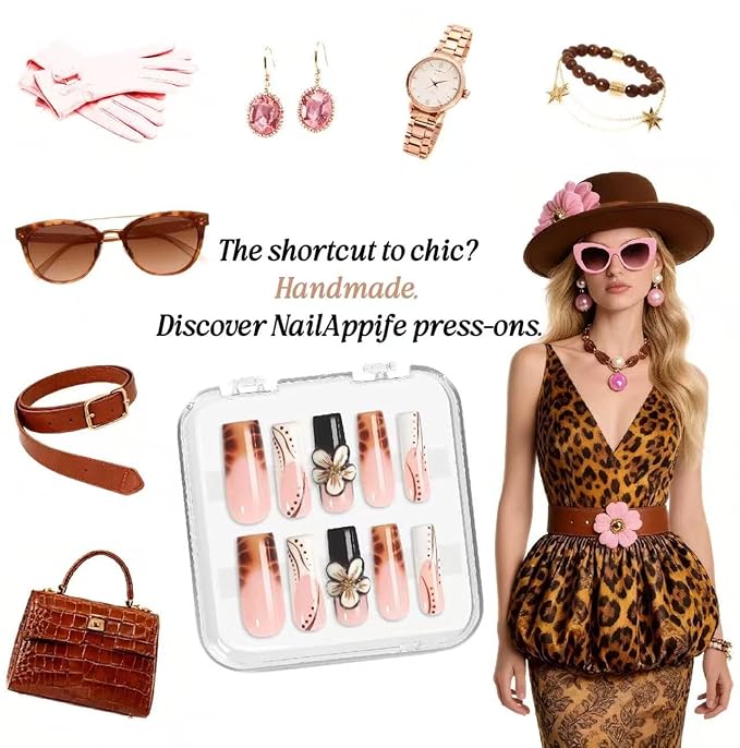 Handmade Acrylic Square Press-On Nails 10pcs, Brown & White Glossy Tips with 3D Floral Art, Tortoise Shell Gradient French Design, Reusable Full Cover Nail Set – Appife