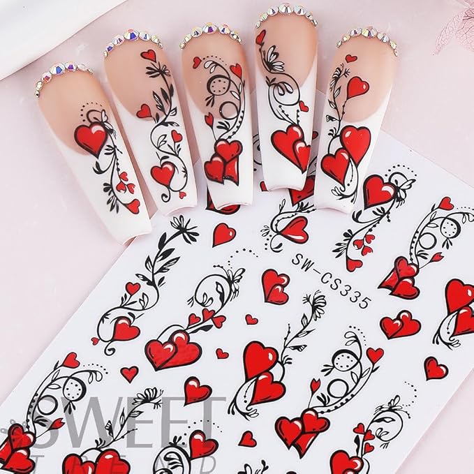 Valentines Day Nail Stickers Red Hearts Nail Decals Cute Yellow Love Nail Designs Multi Kawaii Bow Lace French Tips Nails Supplies Spring Holiday Nails Art Supplies for Women DIY Manicure 4 Sheet