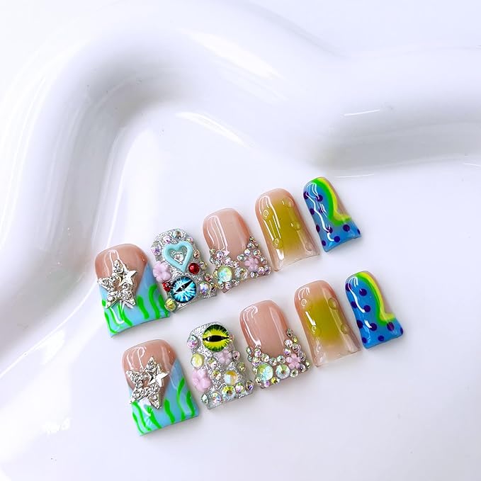 10 Pcs Handmade Duck Press on Nails Short Design 3D Stars Colorful Fake Nails Full Cover Thick French Tip False Nails with Rhinestone Acrylic Reusable Stick on Nails for Women DIY Decoration（Size M）