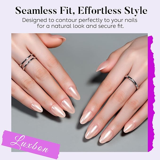 Luxbon Press On False Nails with No-Cure Nail Glue and Tool Kit–Almond Acrylic Stick On Nails Soft Gel Tips 30-32pcs Full Size Set, Reusable Fake Nails for Women, Fit Perfectly, Pearlescent Pink