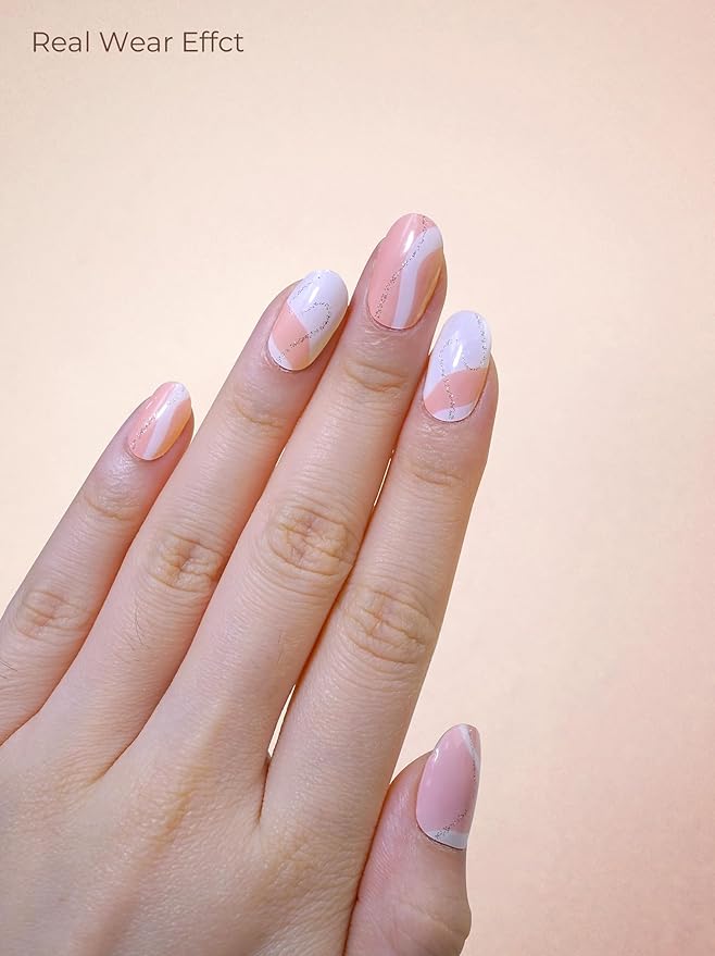 Pre Cured Gel Nail Strips - 44PCS Salon Quality Gel Nail Stickers - Long Lasting Polish Wraps for Women no UV Light Needed Easy Apply & Remove (Marble Pink)