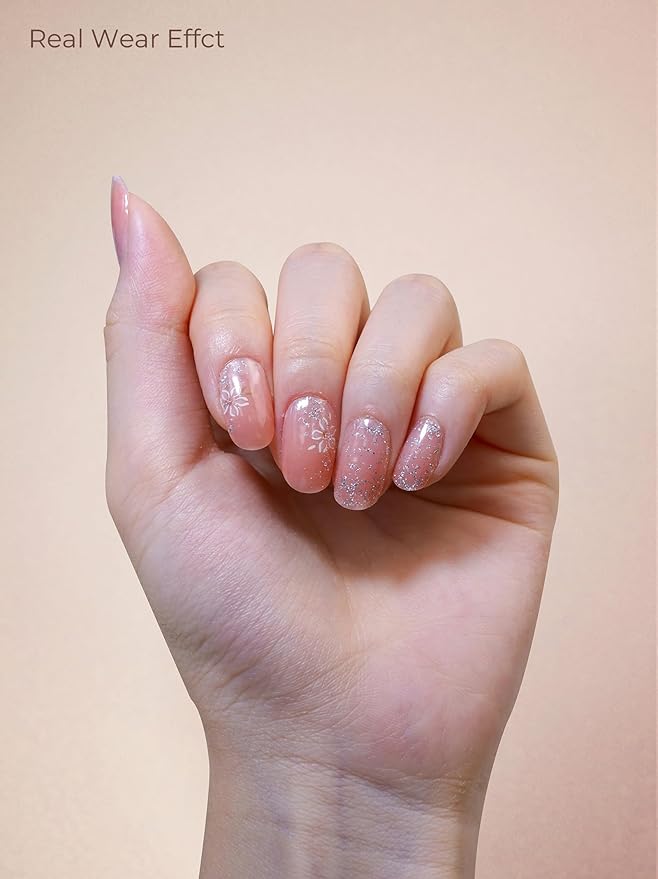 Pre Cured Gel Nail Strips - 44PCS Salon Quality Gel Nail Stickers - Long Lasting Polish Wraps for Women no UV Light Needed Easy Apply & Remove (Sparkle Pink
