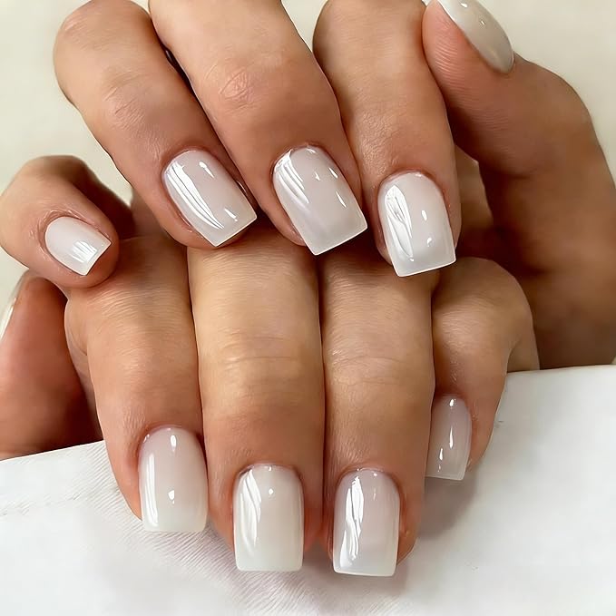 Chrome Milky White Press on Nails Short Square, Glazed Short Fake Nails with Sparkle Mirror Design, Shiny Glitter Glue on Nails with Glue, Cute Gel Nail Press ons for Fingernail 30 Pcs
