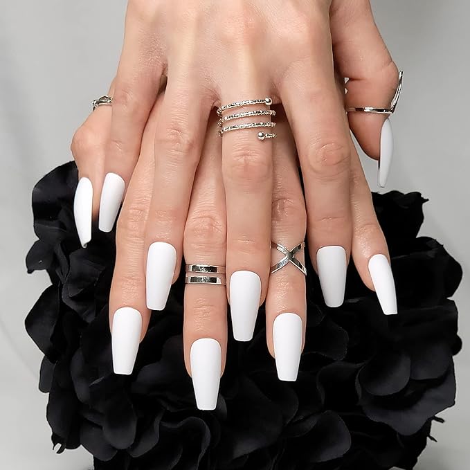 Hypnaughty 24 Pcs Santorini White Matte Luxury Coffin Press on Nails with Glue Medium Long Reusable & Customizable False Nails (Santorini)