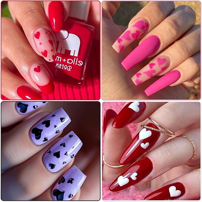 Valentine's Day Nail Art Stickers - Sexy White Border Heart Nail Decals, Self-Adhesive Black White Red Pink Love for DIY 3D Nail Supplies Decoration (6 Sheets)