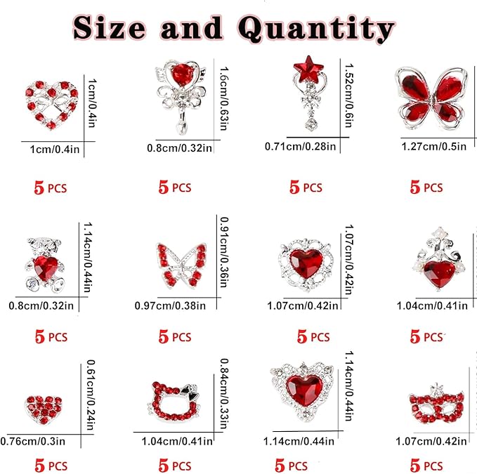 60 Pcs Heart Nail Charms, Rhinestone Red Butterflies Nail Art Gems, Star Heart Butterfly Charms Decorations Sailor Moon Acrylic Nail Accessories for Women DIY Crafts 2