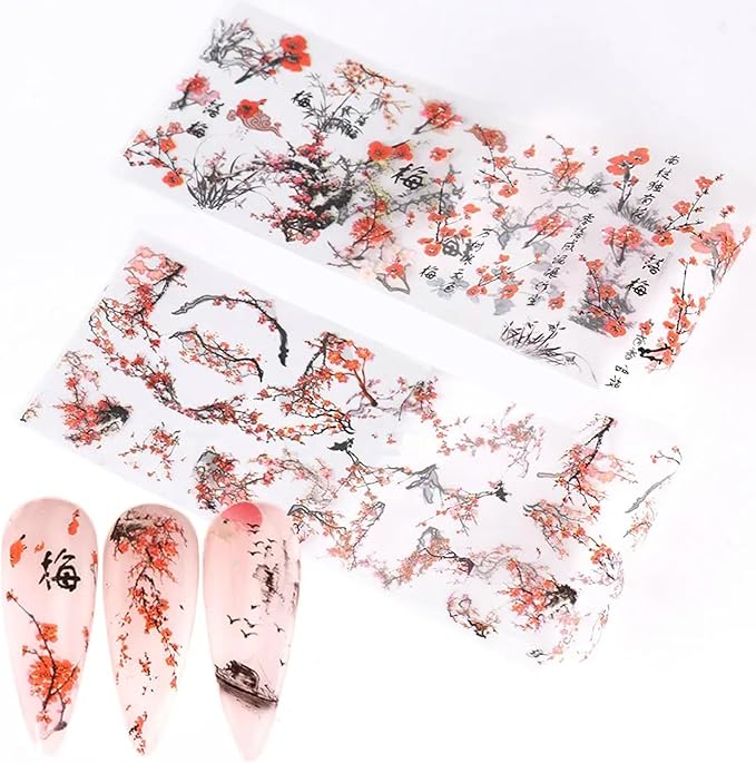 JERCLITY 10 Rolls Chinese Style Nail Foil Transfer Sticker Plum Orchid Bamboo Ink Painting Pattern Nail Art Decals Transfer Stickers Wraps