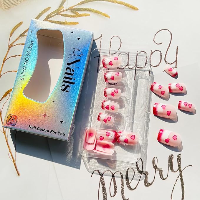 Valentines Nails Press on Nails Short Square Heart Fake Nails with Designs Pink White Glitter French Tip Glue on Nails Valentine's Day Acrylic Nails Cute False Nails for Women Manicure 24Pcs