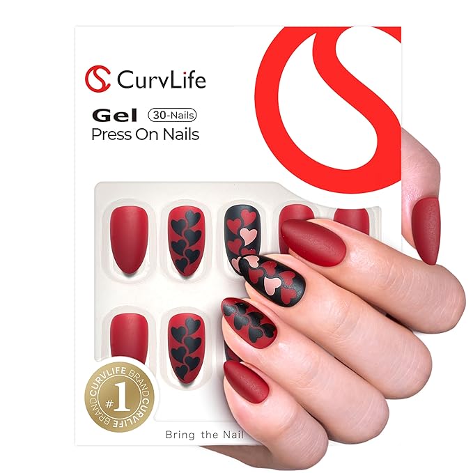 CurvLife Medium Almond Press On Nails – 30Pcs Soft Gel Dark Passion Matte Red Fake Nails, Reusable Glue On Nail Kit with Adhesive Tabs, Natural Fit & Salon-Quality for Women & Girls