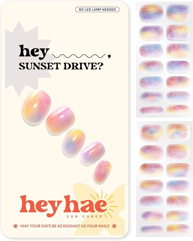 Heyhae Semi Cured Gel Nail Strips | No LED Lamp Needed | Marble, Pink, Spring | Easy Apply & Remove, Salon Quality | Includes 28 Strips, 1 Prep Pads, Nail File & Wooden Stick - Hey, Sunset Drive?