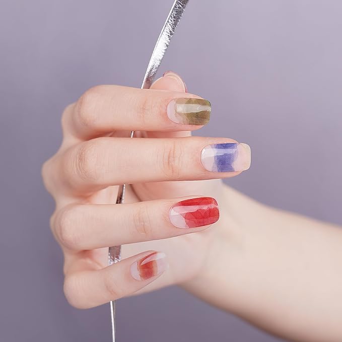 DANNI & TONI Semi Cured Gel Nail Strips Watercolor Multicolored Gel Nail Polish Stickers Red Purple Blue Green Nail Wraps 28 Stickers | Celestial Flow