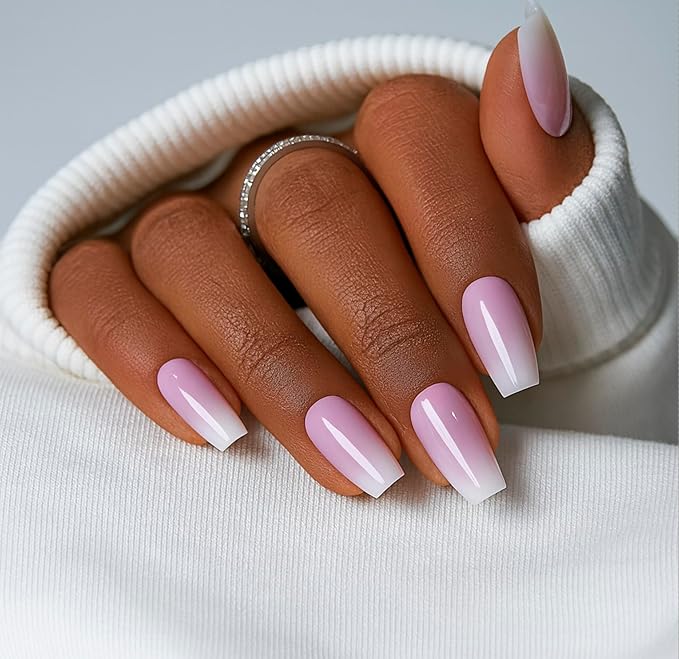 CurvLife Pink Ombre Press On Nails for Women, Medium Square Soft Gel Fake Nails, Nude Pink to White French Gradient Glue On Nails Kit with Nail Glue & Tools, Salon Quality Spring Nails