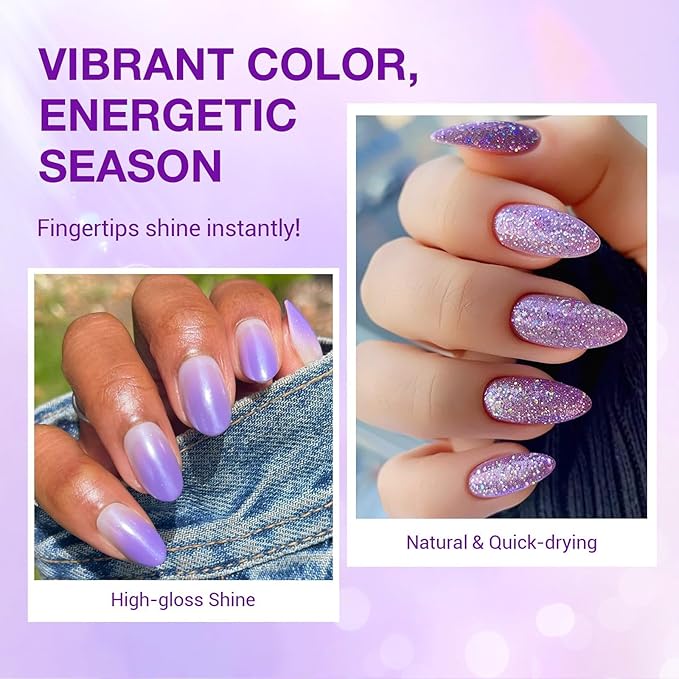 AZUREBEAUTY Nail Polish Set Fast Drying Glitter Pink Purple Spring Summer 4 Colors Lilac Nail Polish Natural Nail Lacquer Fingernail Kit with Top Coat DIY Salon Home