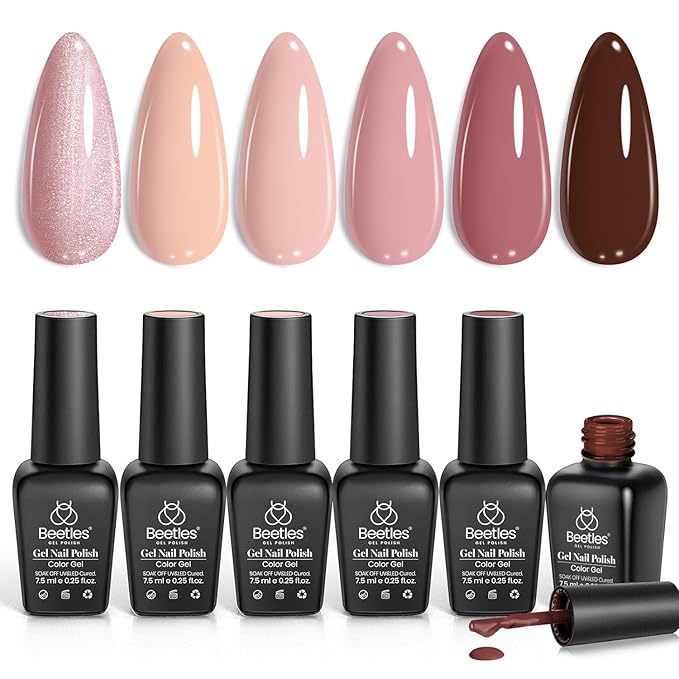 beetles Nude Gel Polish - Nude Symphony 6 Colors Polish Set, Neutral Pink Brown Glitter Skintone Gel Nail Colors, Soak off Uv Led Lamp Needed Nail Art Design Home Diy Gifts For Women