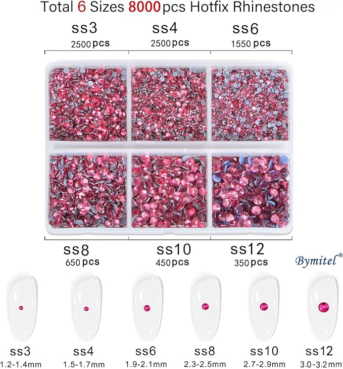 Bymitel Hotfix Crystal Rhinestones Round Gems for Crafts,Mixed 6 Sizes with Wax Pencil Kit, Rose1.3-3.2mm(SS3-SS12/8000pcs)