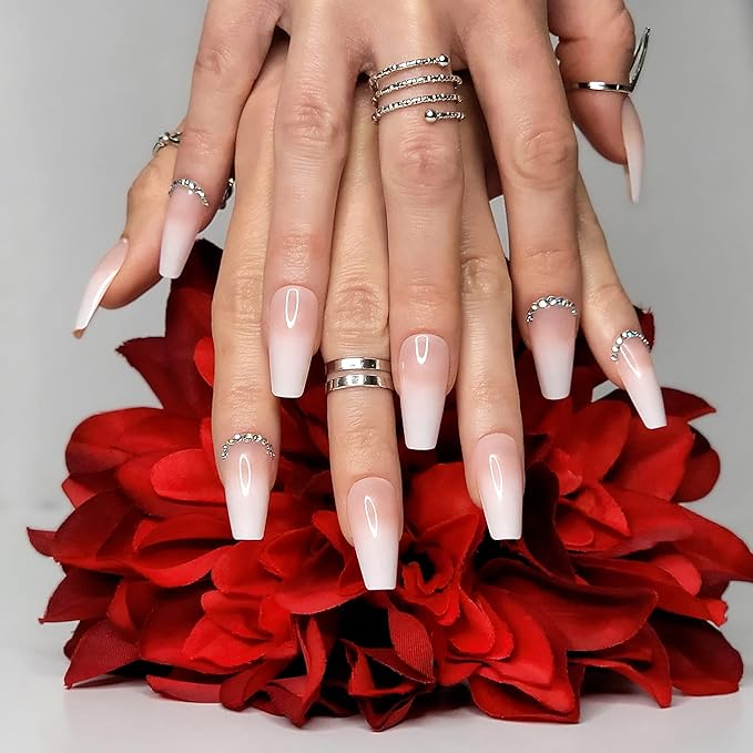 Hypnaughty 24 Pcs Rhinestone Luxury Coffin Press on Nails with Design and Glue Long Fake Nails Nude and White Ombre with Rhinestones Glossy Glue On False Nails (Rhinestone)