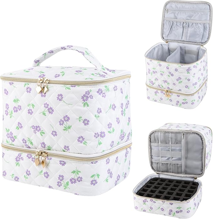 Nail Polish Organizer Aesthetic Nail Organizers and Storage, Bow Nail Supplies Kit Organizer Travel Carrying Case for Manicure Tools (Floral J, 2 Layer)