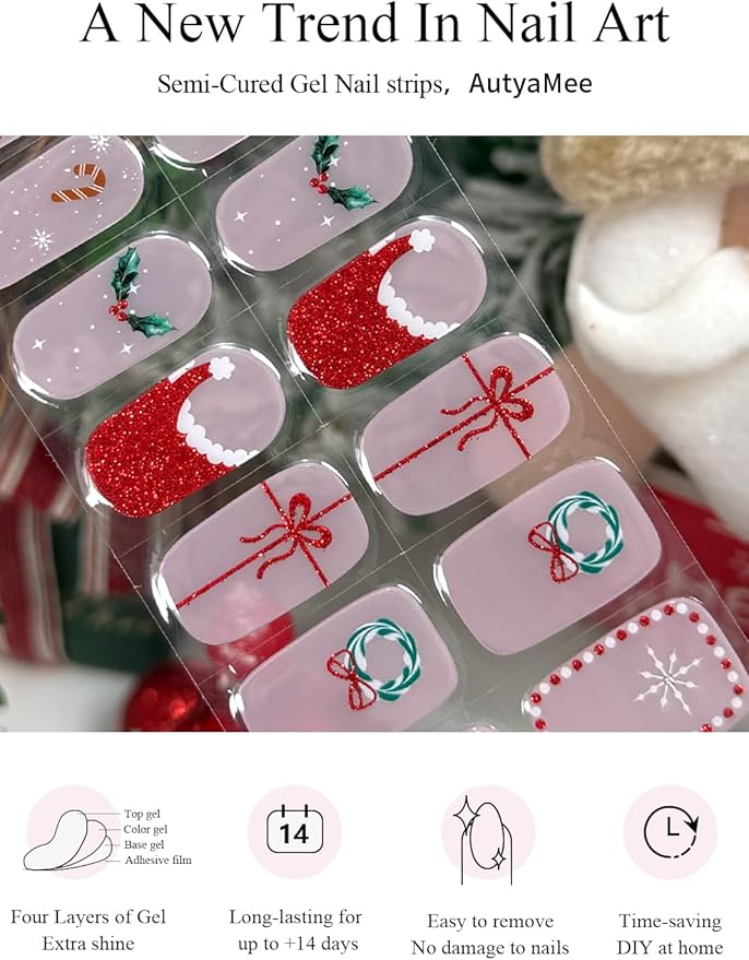 Semi Cured Gel Nail Strips (Cute Christmas), Red Santa Hat, 20 Pcs Gel Nail Wraps, Stickers, Wreath, Snowflake, Candy Cane, Works with Any UV Lamps