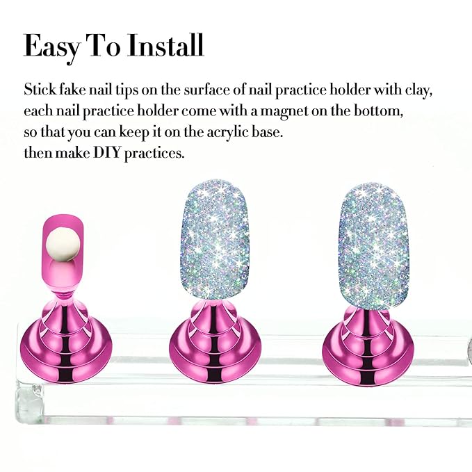 Blulu 6 Sets Magnetic Nail Tip Display Holder Acrylic Display Stand Nail Tip Practice Art Training Stand for DIY Manicure Fingernail Salon(Light Pink)
