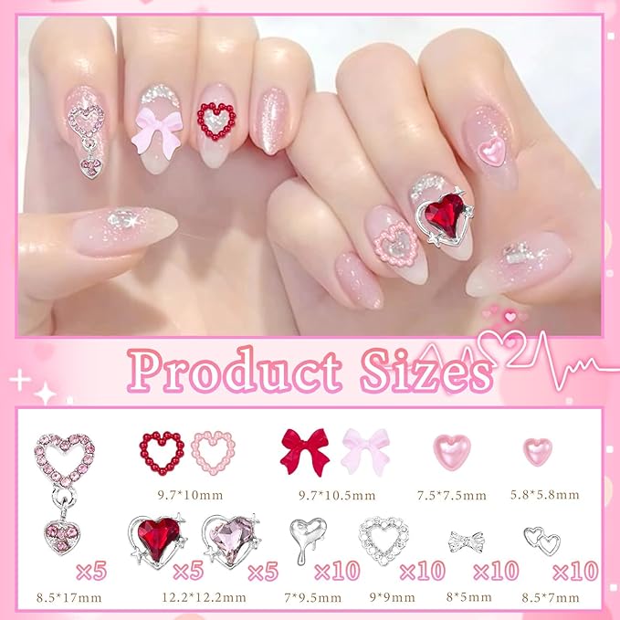 Valentine's Day Nail Charms，Pink Colors Red Bows Hollow Rhinestones for Acrylic Nails , 3D Dangle Heart Nails Charm, Bowknot Heart Silver Y2K Jewelry Charms for Nail Art DIY