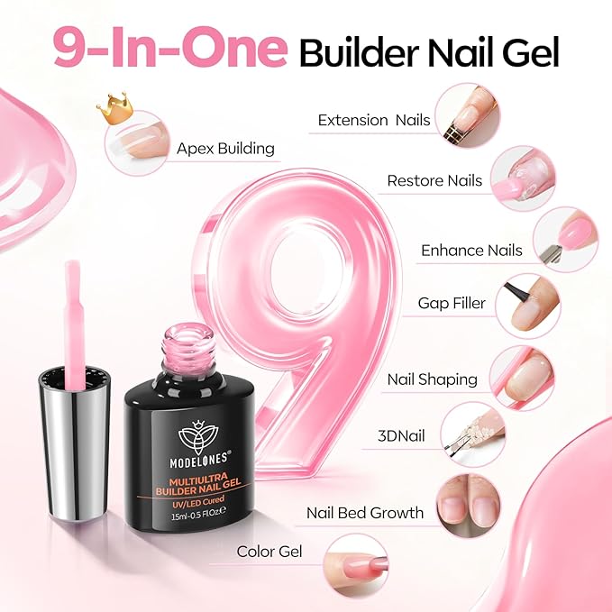modelones Builder Nail Gel, No Top Coat Needed Builder for Nails Pink, C-Curve Sculpting, Glossy Jelly Finish, No-Wipe, 9-in-One LED Lamp Cured Color Rubber Base Gel Polish for Quick DIY Salon