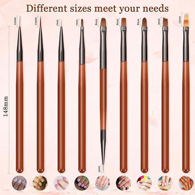 9Pcs Nail Art Brush Set, Builder Painting Design Detail Drawing Brushes Dotting Pen Double-Ended French Liner For Gel Polish Manicure Tools Acrylic Home DIY Salon Use Women, Brown