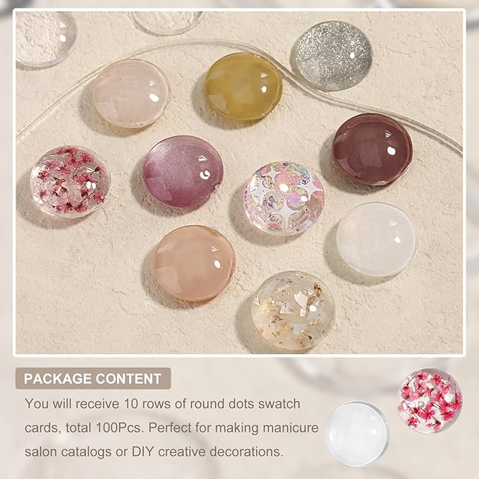 100Pcs Solid Round Nail Polish Swatches Display Cards Crystal Clear Glassy Nail Color Swatch Dots Chart Tips for Nail Salon Training Practicing Beginners Professional Supplies
