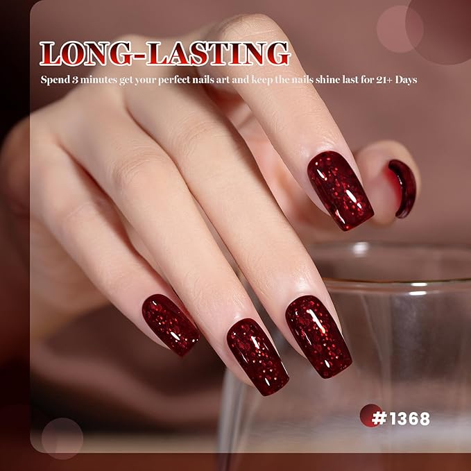 RARJSM Dark Ruby Red Sequin Glitter Gel Nail Polish Big Flakes Shiny Diamond Sparkly Chunky Silver Shimmer Pigments Gelpolish Soak off Curing Required for Nail Art Salon Manicure