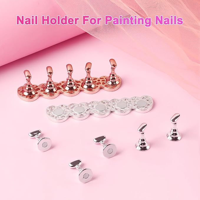 ANGNYA 2 Set Nail Stand for Press Ons, Strong Magnetism Nail Holder for Painting Nails with with 200PCS Nail Sticky Tabs, Nail Display and Practice Stand for Home DIY Beginner Salon Supplies