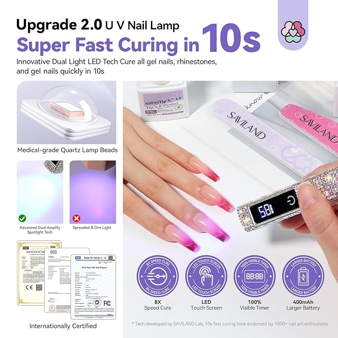 SAVILAND Silver U V Light for Gel Nails: Handheld 12W 8X Speed Flash Cure Lamp with Dual Timer Touch Screen & LCD Display Screen Portable 400 mAh LED Flash Cure Light Gel Polish Nail Art Home