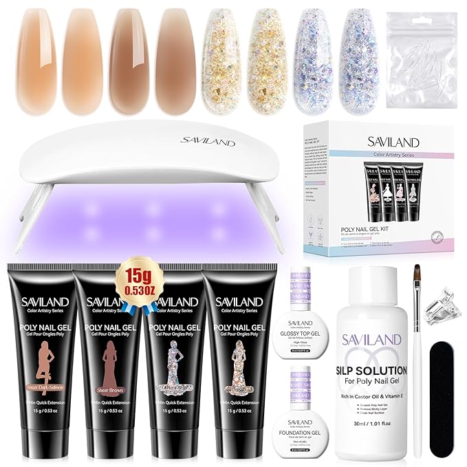 SAVILAND Poly Gel Nail Colors: Easy Poly gel Nail Kit Starter Kit with Slip Solution Mini U V/LED Lamp, Sheer & Sparkle 4 Nourishing Poly Gel Colors for Lasting Shine 28 Days Home DIY Manicure Tools