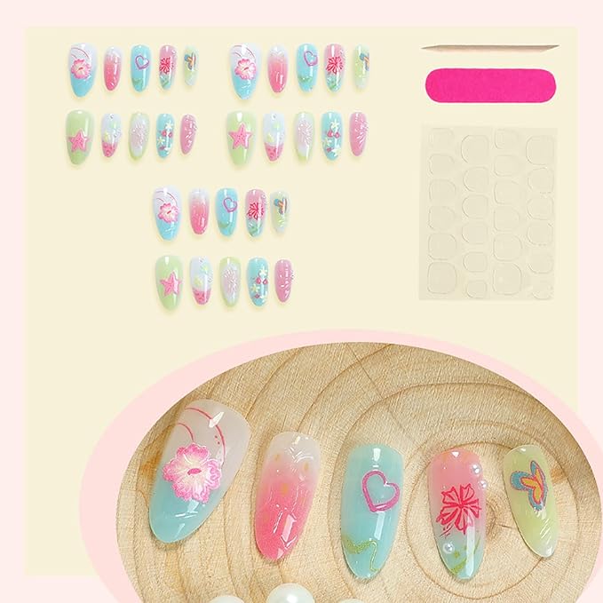 30Pcs Summer Press on Nails Medium Almond Fake Nails with 3D Starfish Designs, 30pcs Beach Press on Nails, 1pc Nail File, 24pcs Nail Jelly Stickers, 1pc Wooden Stick