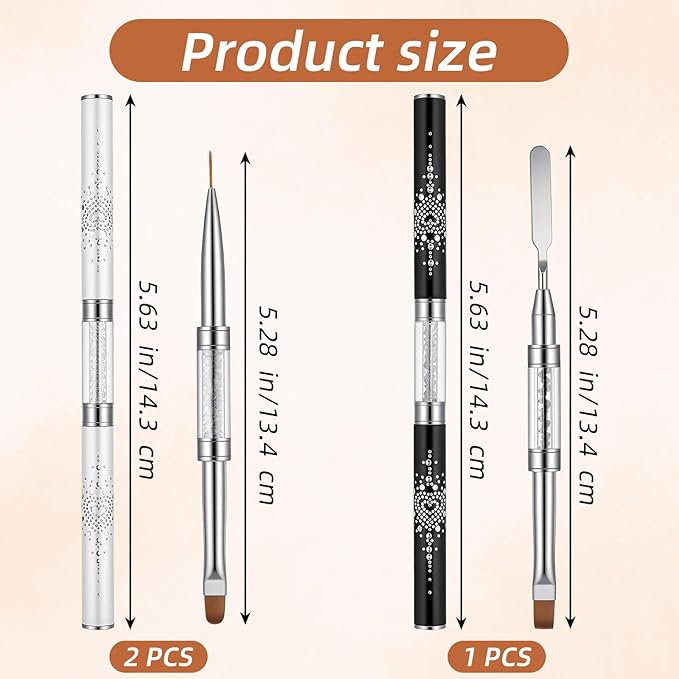 Sibba 3 PCS Double Ended Nail Art Brushes Set French Manicure Art Brushes Nails Design Detailing Painting Drawing Liner Brush Pen & Stainless Steel Cuticle Pusher Cleaner Nail Builder Polish Gel Brush
