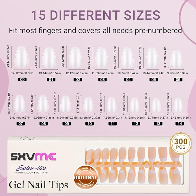 Gel French Tip Nails Short Coffin French Tip Press on Nails SXVME White French Nail Tips 300Pcs Pre-applied Tip Primer Natural Nude Fake Nails Extensions Gel Nail Kit for Women Girls DIY