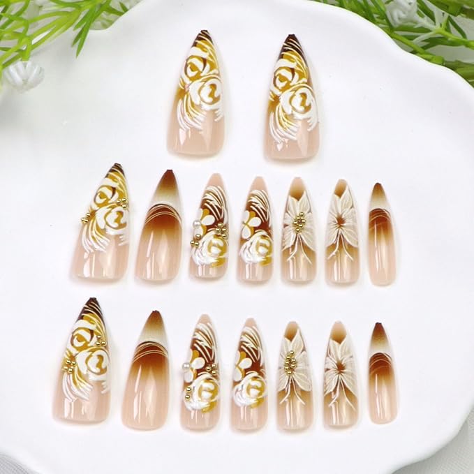 Long Press on Nails Stiletto Fake Nails Press ons with Butterfly Flower Line Swirl Designs Cute Almond Glue on Nails Acrylic Glossy Full Cover Stick on Nails for Women 24 Pcs