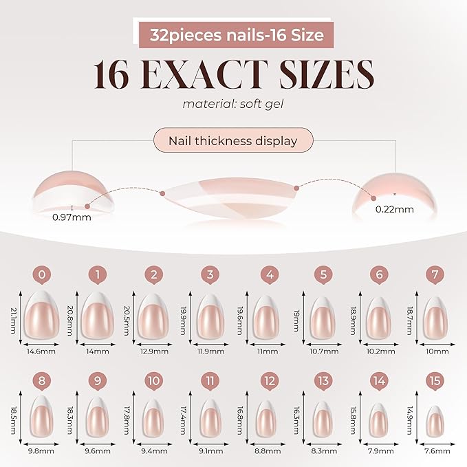 UNA GELLA Press On Nails: Almond French Tip Soft Gel Press Ons Short Kit with Nail Tips Glue on Nails, 16 Sizes - 32Pcs Reusable Chrome French Fake Nails Kit, Gift for Women