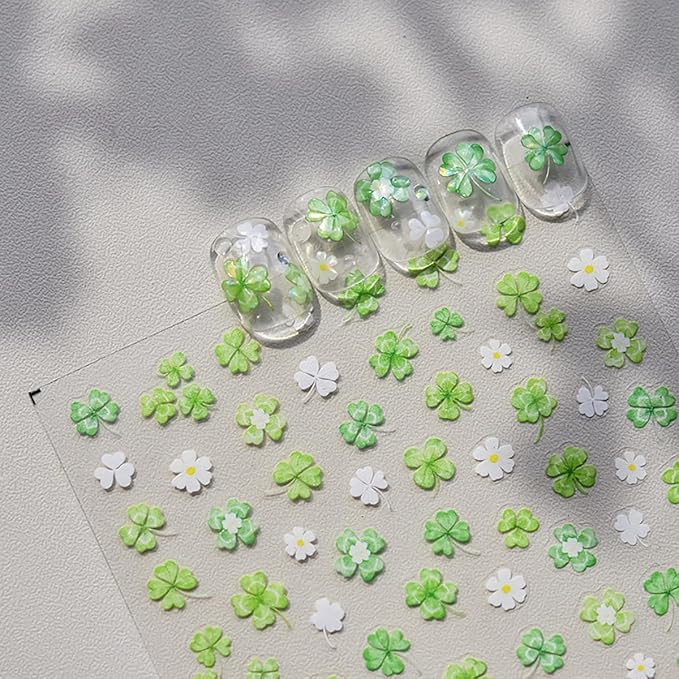 1Sheet St. Patrick's Day Nail Stickers 5D Self-Adhesive Holographic Shamrock Nail Art Stickers Spring Nail Art Decoration Four Leaf Clover Nail Decals Lucky Irish Nail Design Supplies for Women