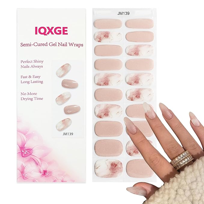 Light Pink Semi Cured Gel Nail Strips 20Pcs Gold Glitter UV Gel Nail Stickers with Design Glossy Marble Nails Polish Strips UV/LED Light Needed Full Polish Self Adhesive Nails Wraps for Women