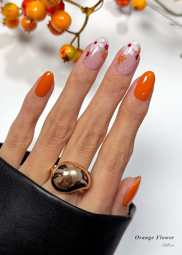 Semi Cured Gel Nail Strips (Orange Flower), 20Pcs Gel Nail Wraps, Stickers, Works With Any UV Lamps