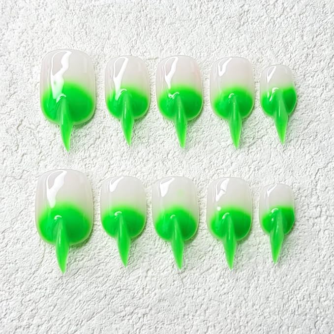 10 Pcs Cat Claw Press on Nails Medium Curved Stiletto False Nails Luxury 3D Green French Tip Cat Claw Handmade Fake Nails Unique Thick Gradient Designs Glossy Acrylic Glue on Nail (S)