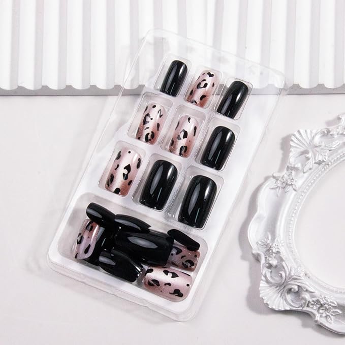 Black Leopard Press on Nails Short Square Fake Nails Glossy Cat Eye False Nails Press ons Reusable Artificial Nail Full Cover Gradient Stick on Nails for Women Manicure 24Pcs
