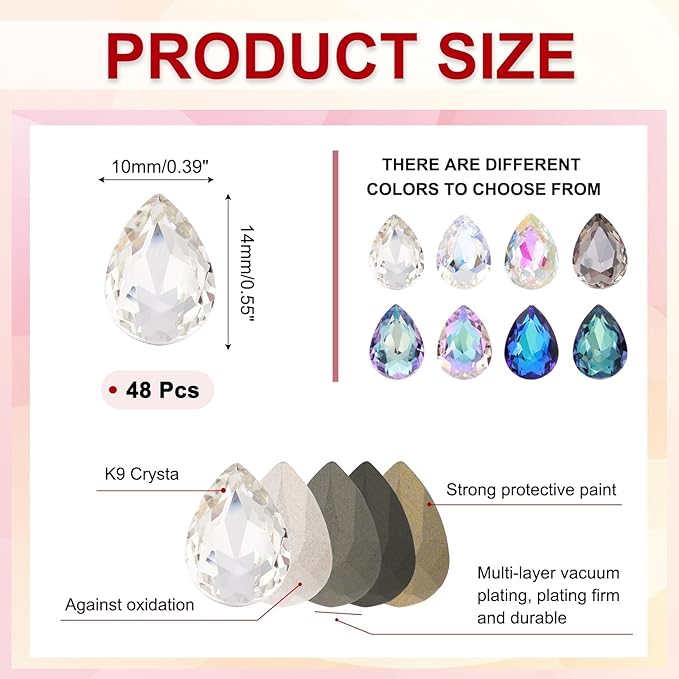 MECCANIXITY 48 Pcs 3D Teardrop Rhinestones Diamond Nail Charm Crystal Pointback K9 Glass Rhinestones Crystal Gems for Jewelry Making, Craft, 10x14mm, Silvery