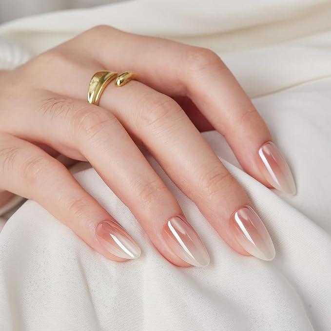 Short Press On Nails Ons Almond - Findigit Glossy Nude White Ombre Soft Gel Nails, Natural Reusable Stick On Nails with Glue On in 16 Sizes - 32 Fake Nails Kit, Almond Ombre Glazed