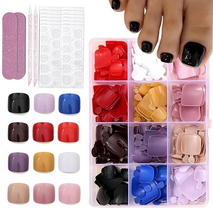 288Pcs Press on Toenails Short Square Fake Toenails Solid Color False Toenails Pure Color False Toenail Tips Glossy Toe Nails Press ons Artificial Stick on Toe Nail for Women Manicure 12Colors